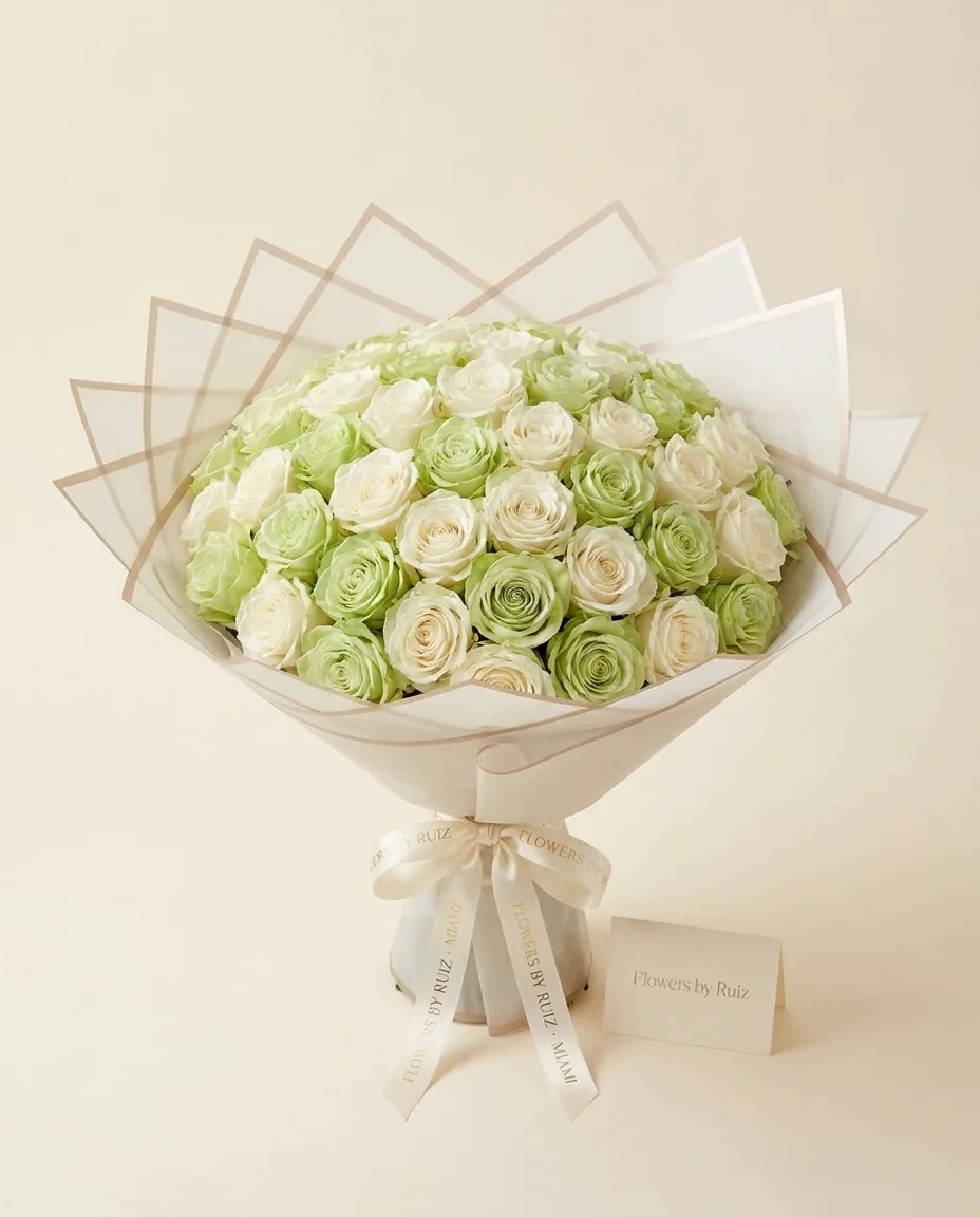 Emerald Fresh, Green roses · White lisianthus