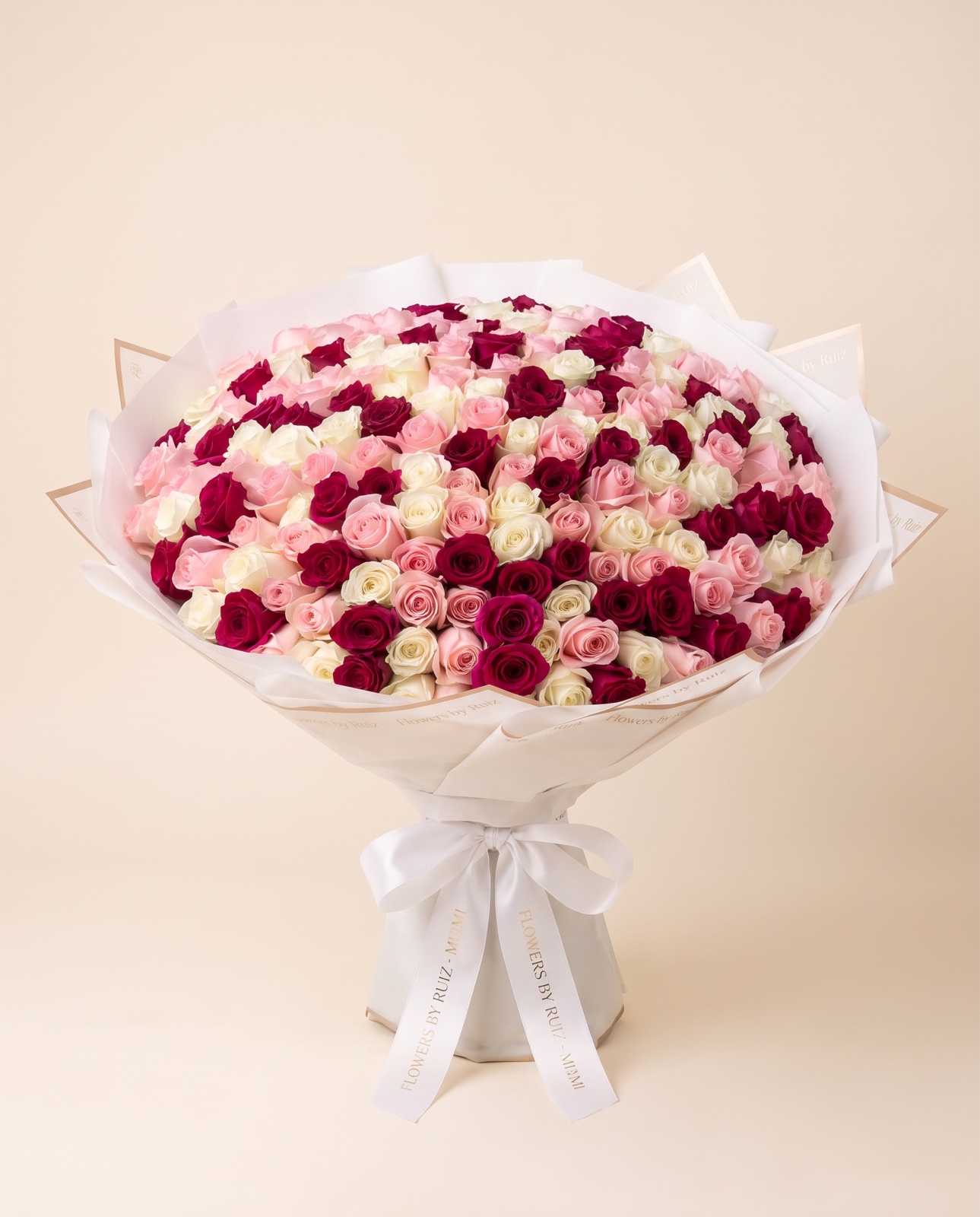 150 Pink, White and Burgundy Roses — front studio view